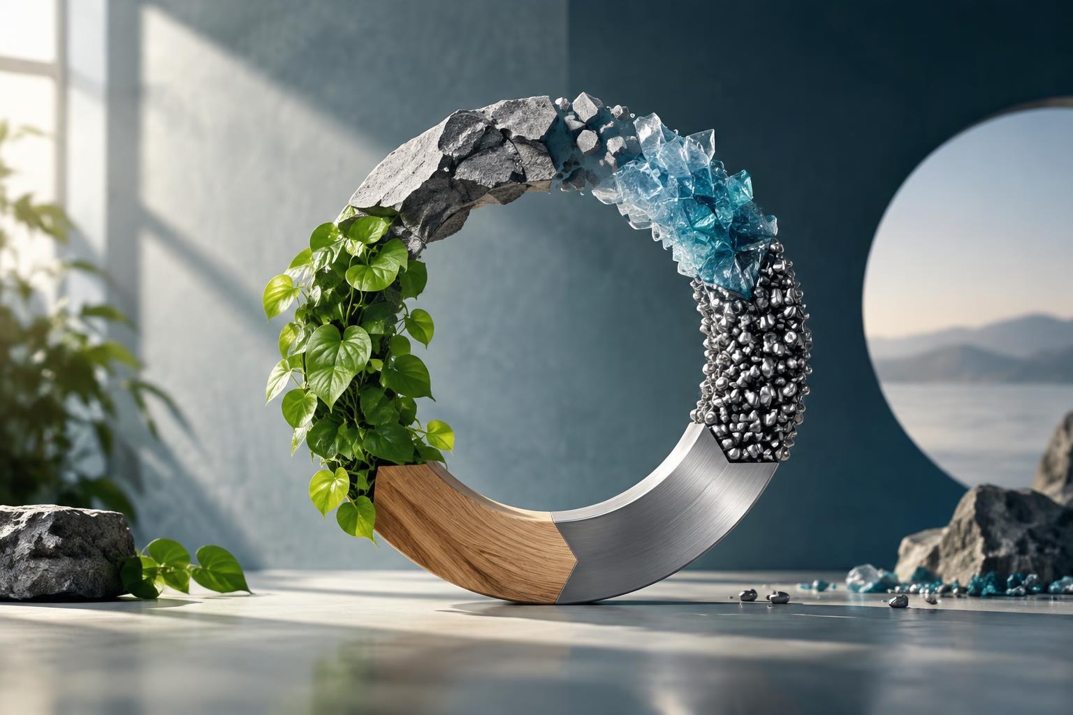 Ilustración conceptual generada con IA. Ilustración conceptual de un anillo circular compuesto por varios materiales como madera, metal, roca, hojas verdes y cristales, representando la economía circular y la reutilización de recursos.